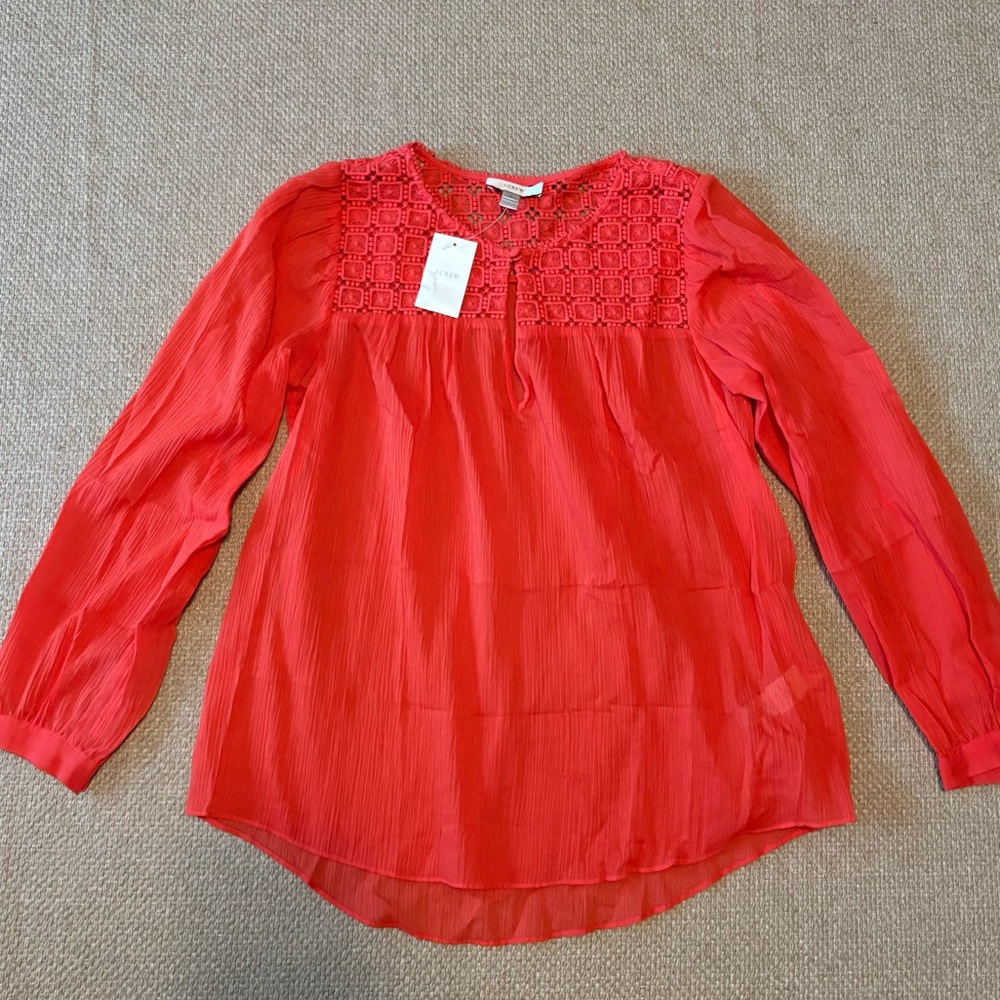 NEW J Crew Orange Eyelet Lace  Cotton Gauze Boho Long Sleeve Pullover Top Size 0